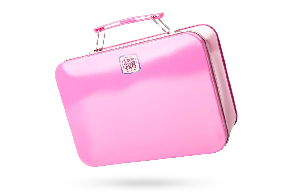 A Lost and Found Label placed on pink lunchbox.