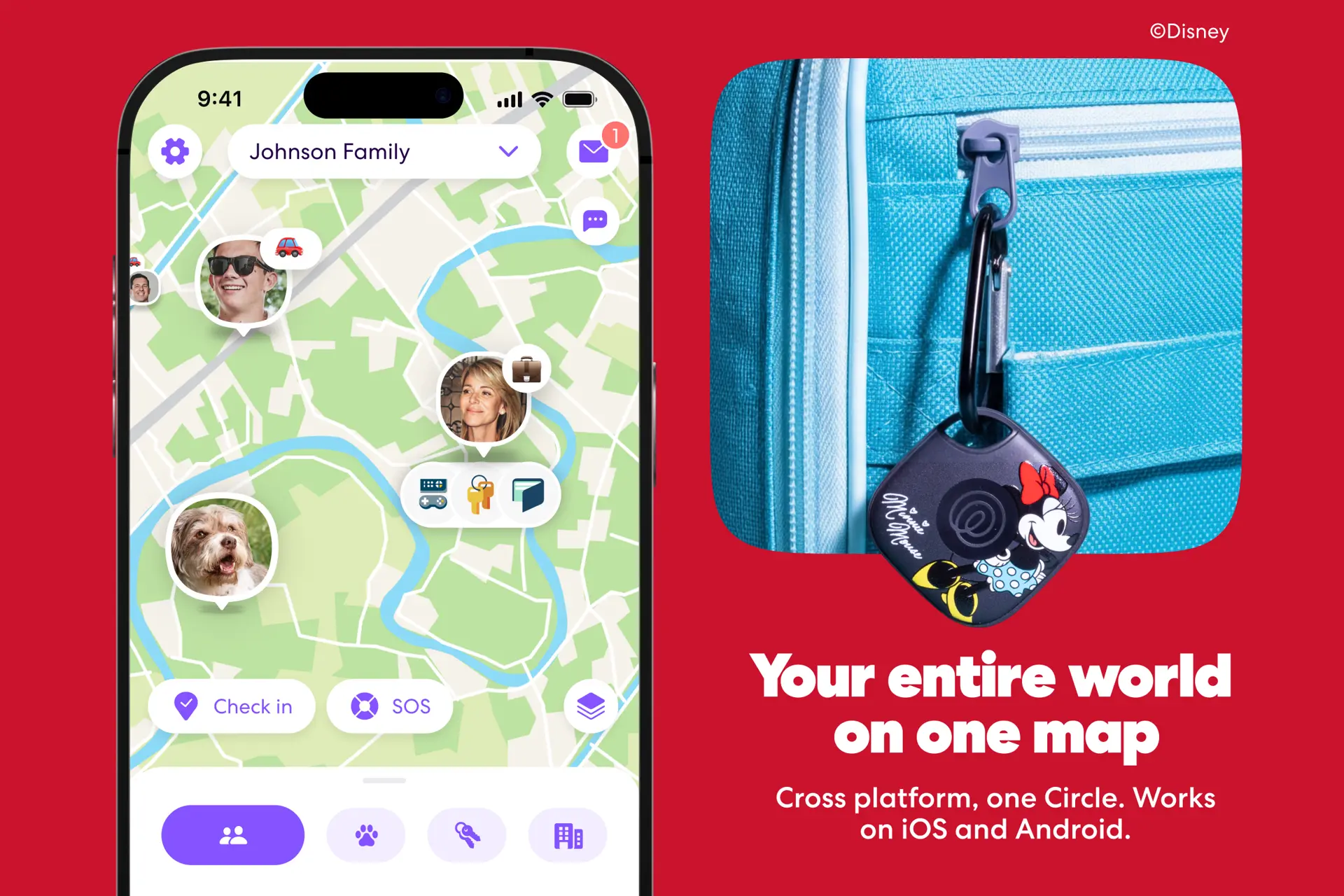 Life360 app map screen showing family members' and a dog's live locations, next to a black Minnie Mouse-themed Life360 Tile tracker clipped to a blue backpack. Text: Your entire world on one map. Cross platform, one Circle. Works on iOS and Android.