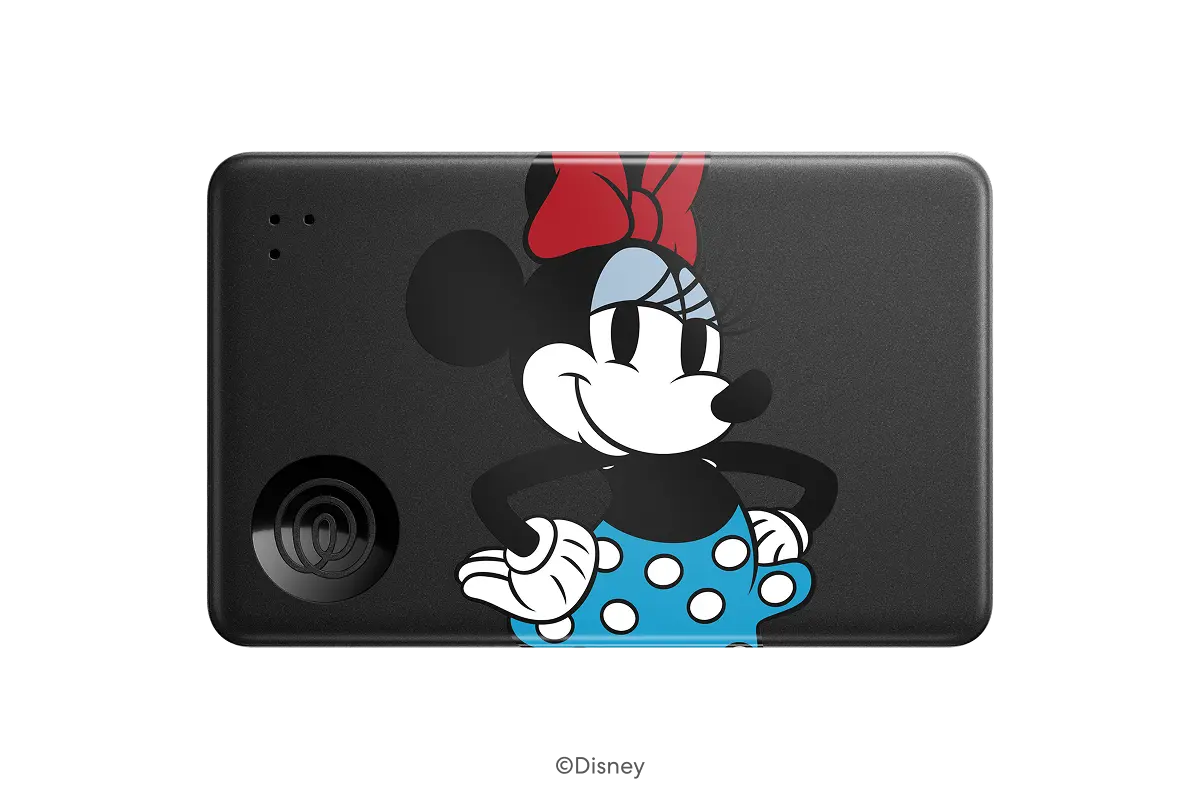 A front-facing image of a Life360 Tile Slim - Minnie Mouse