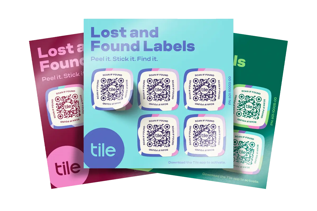 Three stacked sheets of Tile’s Lost and Found Labels