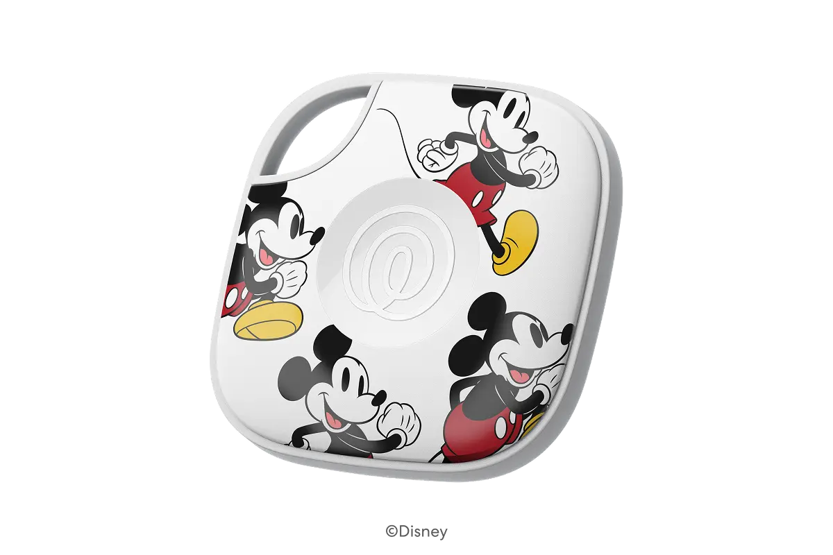 An angled profile image of a Life360 Tile - Mickey Mouse