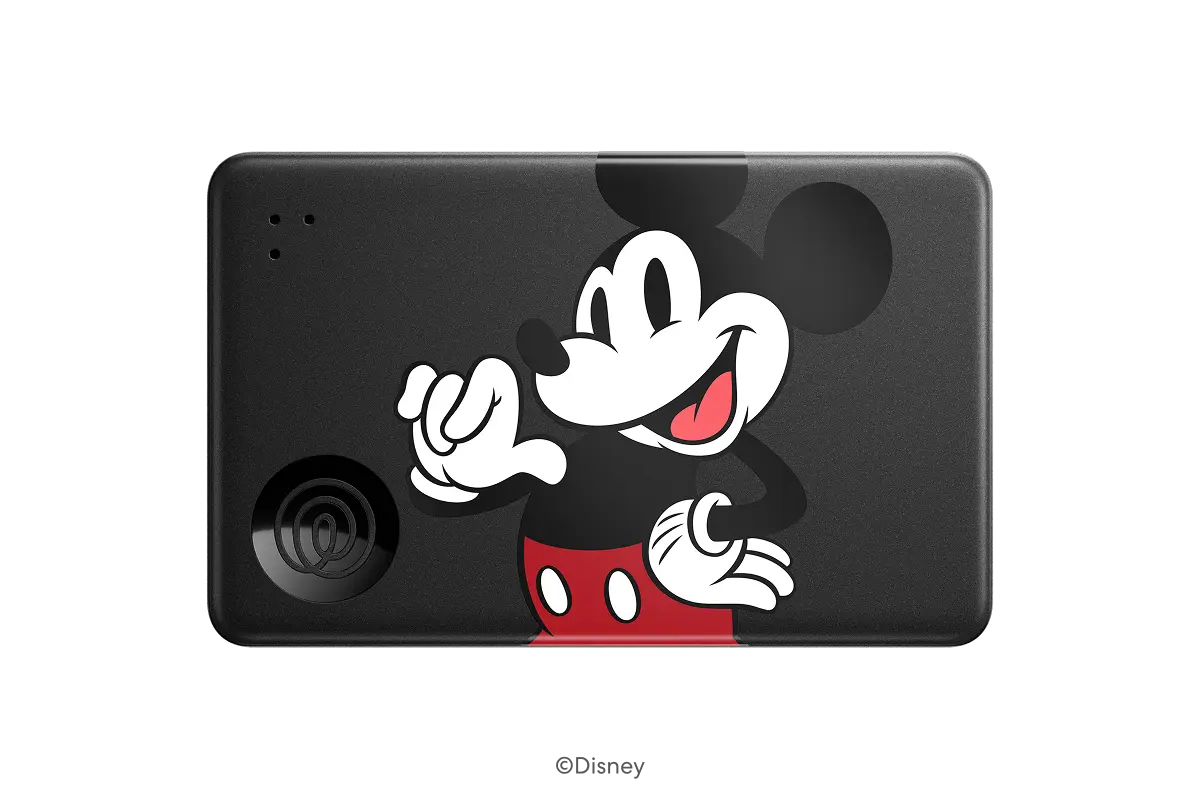 A front-facing image of a Life360 Tile Slim - Mickey Mouse