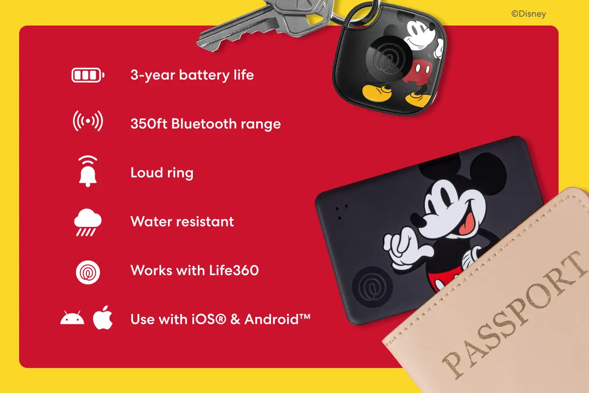 Black Mickey Mouse-themed Life360 Tile tracker attached to a keyring and Mickey Mouse Slim tucked into a passport cover. Feature list: 3-year battery life, 350ft Bluetooth range, loud ring, water resistant, works with Life360, use with iOS and Android.