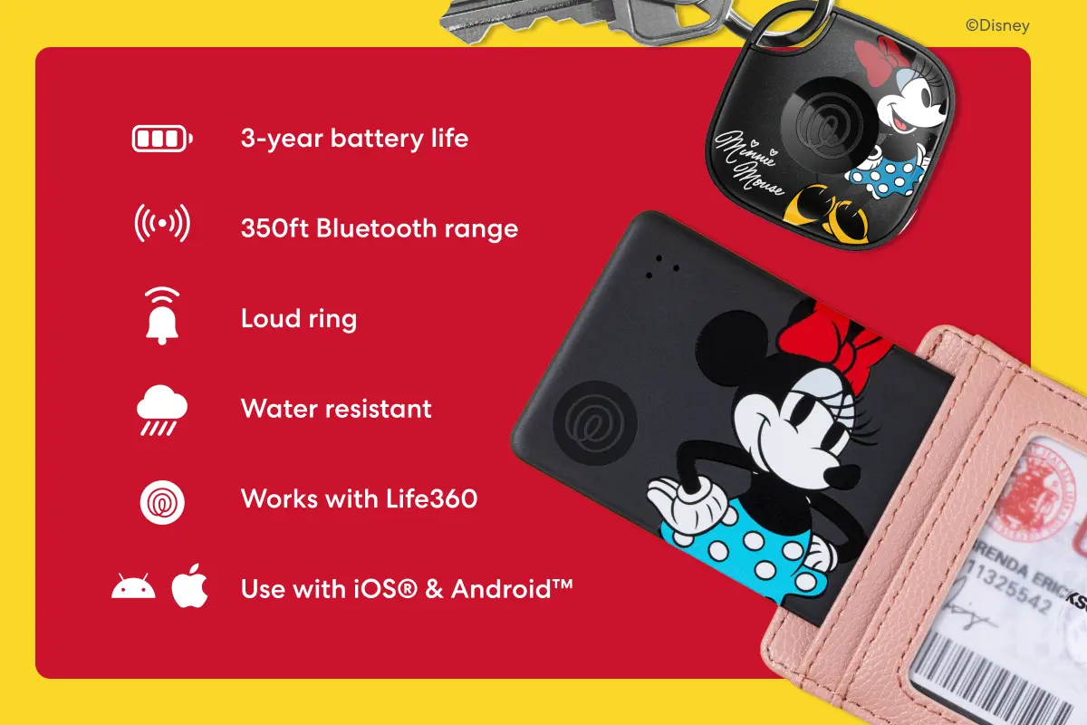 Black Minnie Mouse-themed Life360 Tile tracker attached to a keyring and Minnie Mouse Slim tucked into a wallet. Feature list: 3-year battery life, 350ft Bluetooth range, loud ring, water resistant, works with Life360, use with iOS and Android.