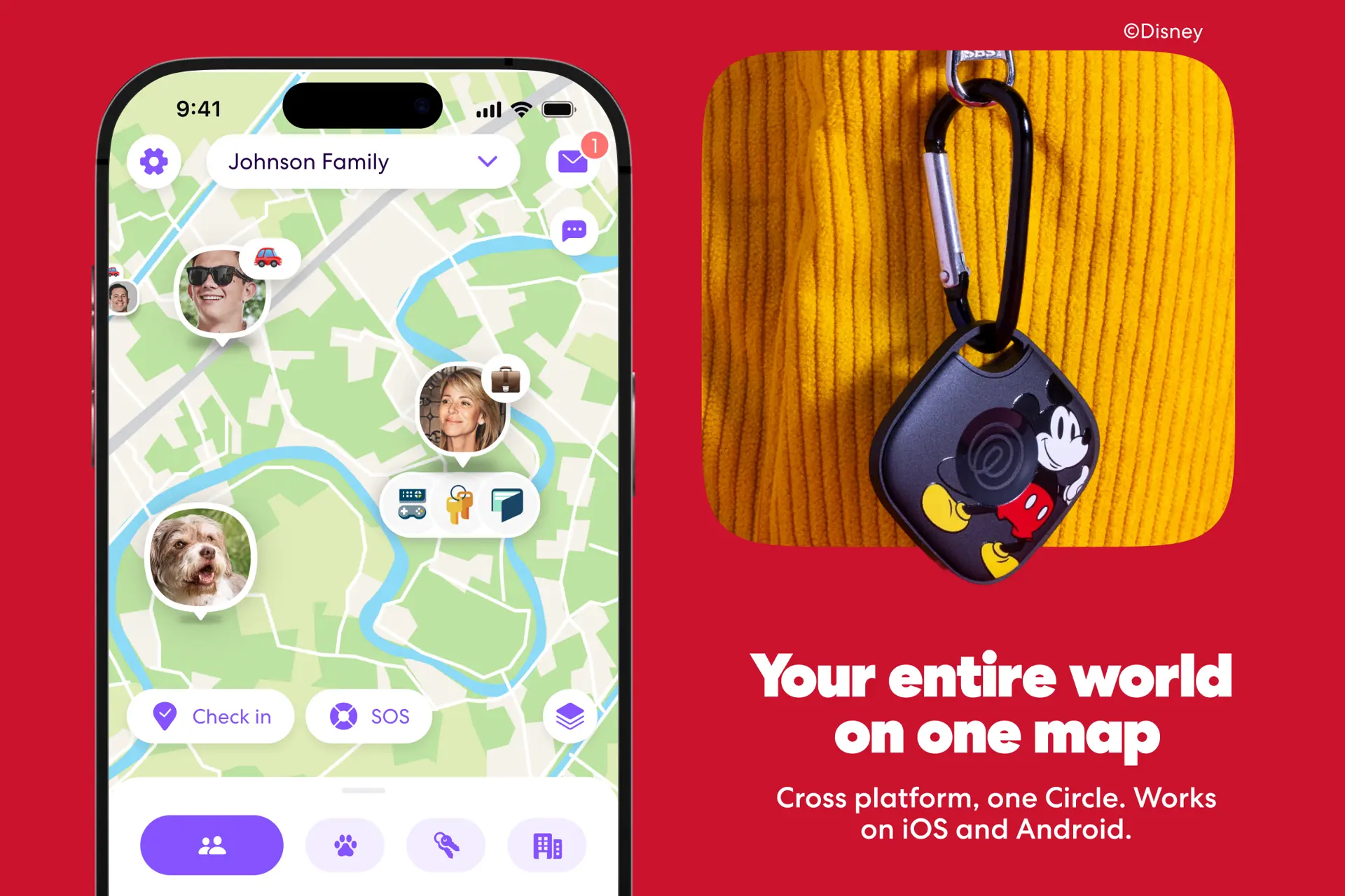 Life360 app map screen showing family members' and a dog's live locations, next to a black Mickey Mouse-themed Life360 Tile tracker clipped to a yellow corduroy jacket. Text: Your entire world on one map. Cross platform, one Circle. Works on iOS and Android.