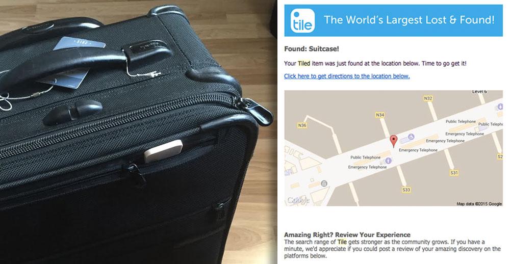 Lost luggage next to image of Tile lost and found in app