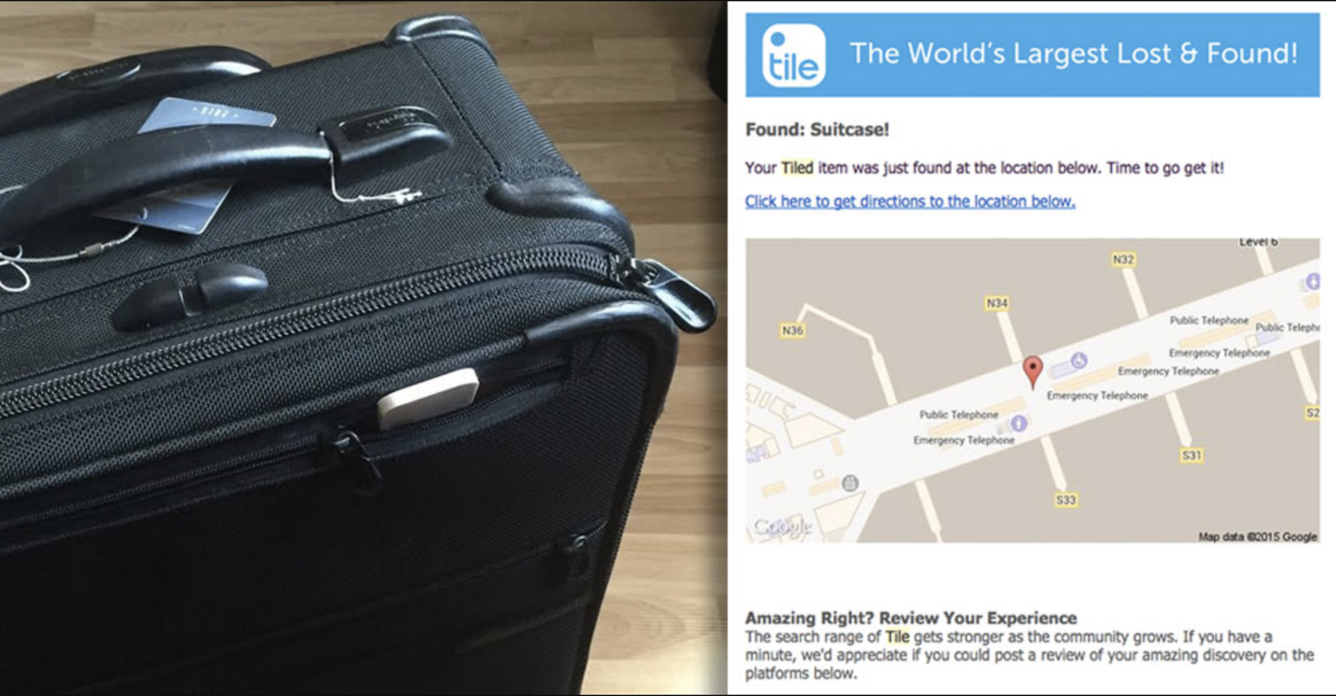 Lost luggage next to image of Tile lost and found in app