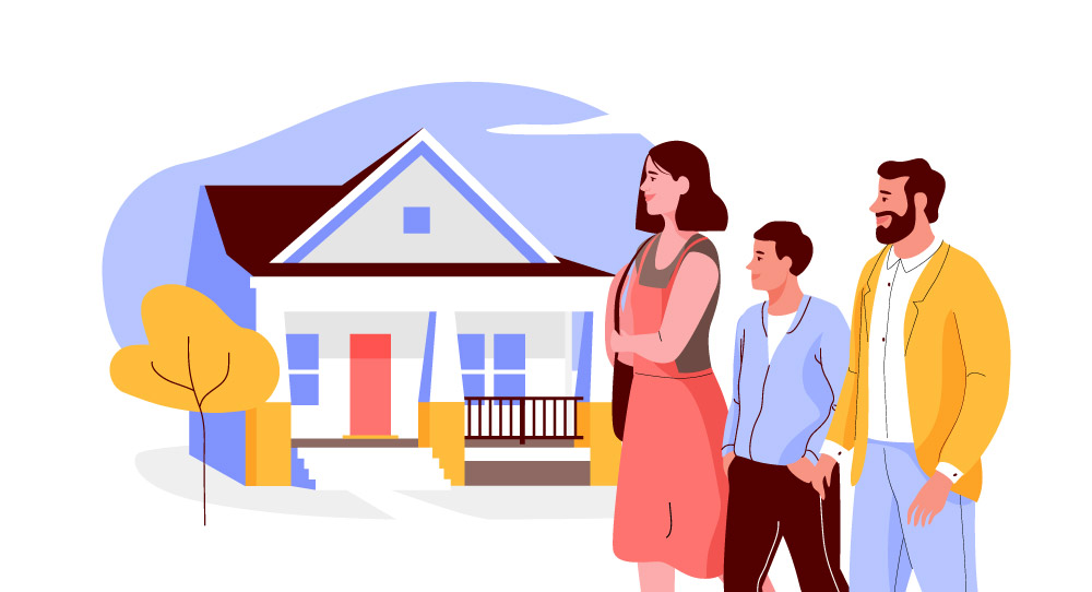 Illustration of 3 person family looking at their house