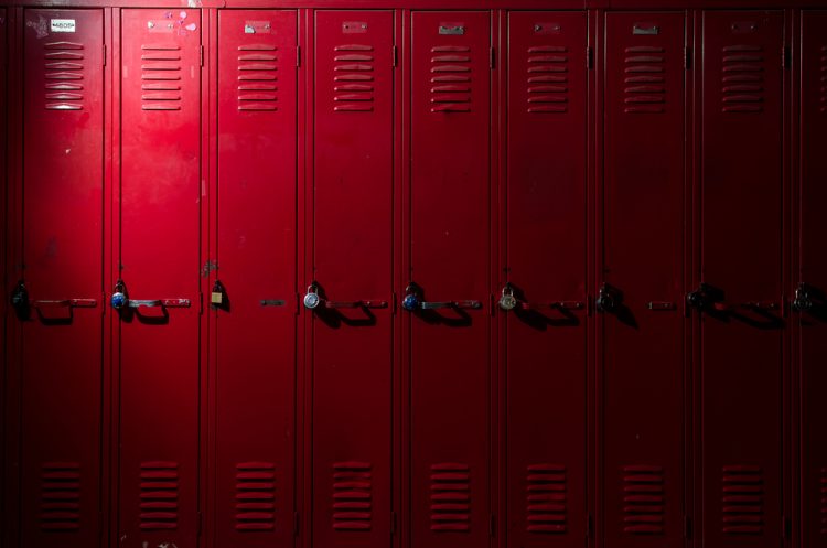 Row of dark red school lockers
