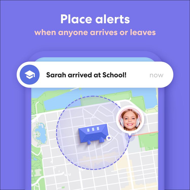 Life360 place alert notification in app reading "Sarah arrived at school"