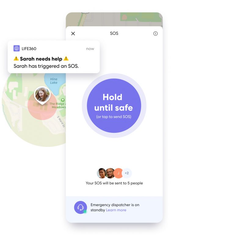 Life360 SEO feature on phone reading "Hold until Safe"