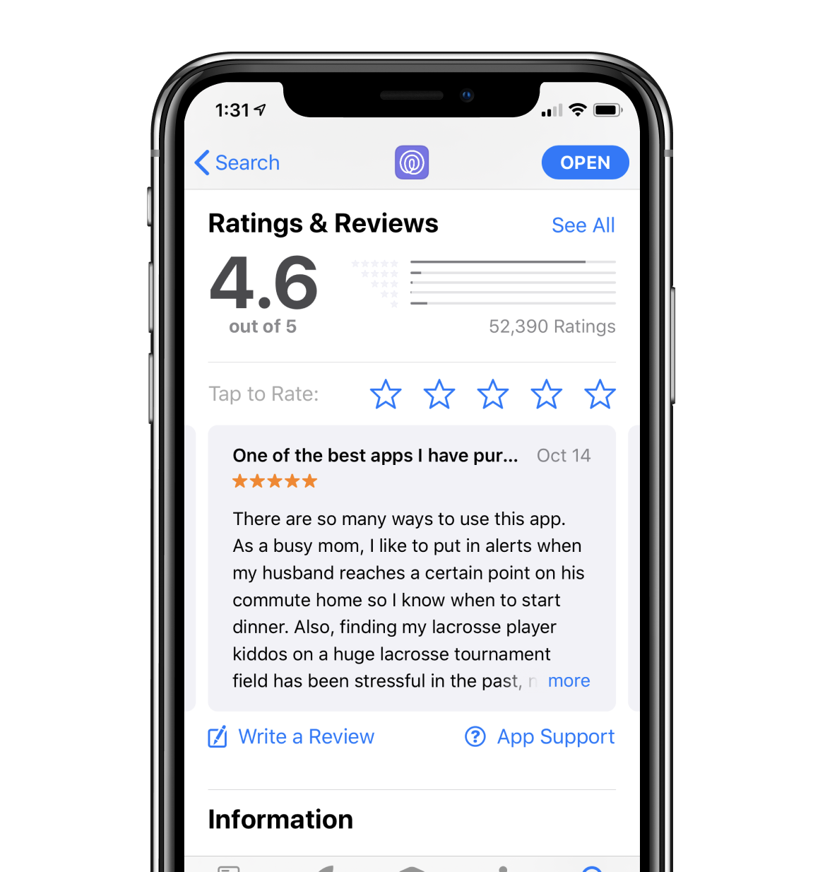 App store reviews of Life360 on smartphone
