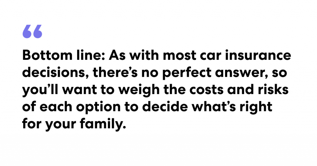 Bottom line: As with most car insurance decisions, there's no perfect answer, so you'll want to weigh the costs and risks of each option to decide what's right for your family. 