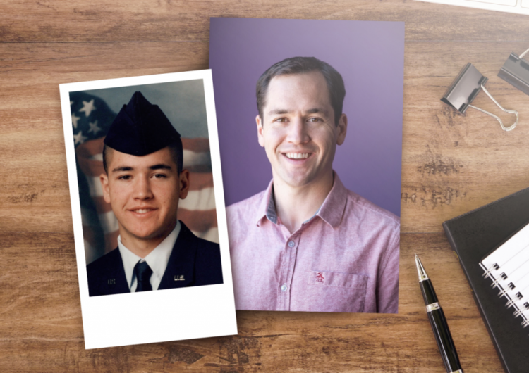 Life360 Founder and CEO, Chris Hulls next to a picture of his younger-self in a military uniform
