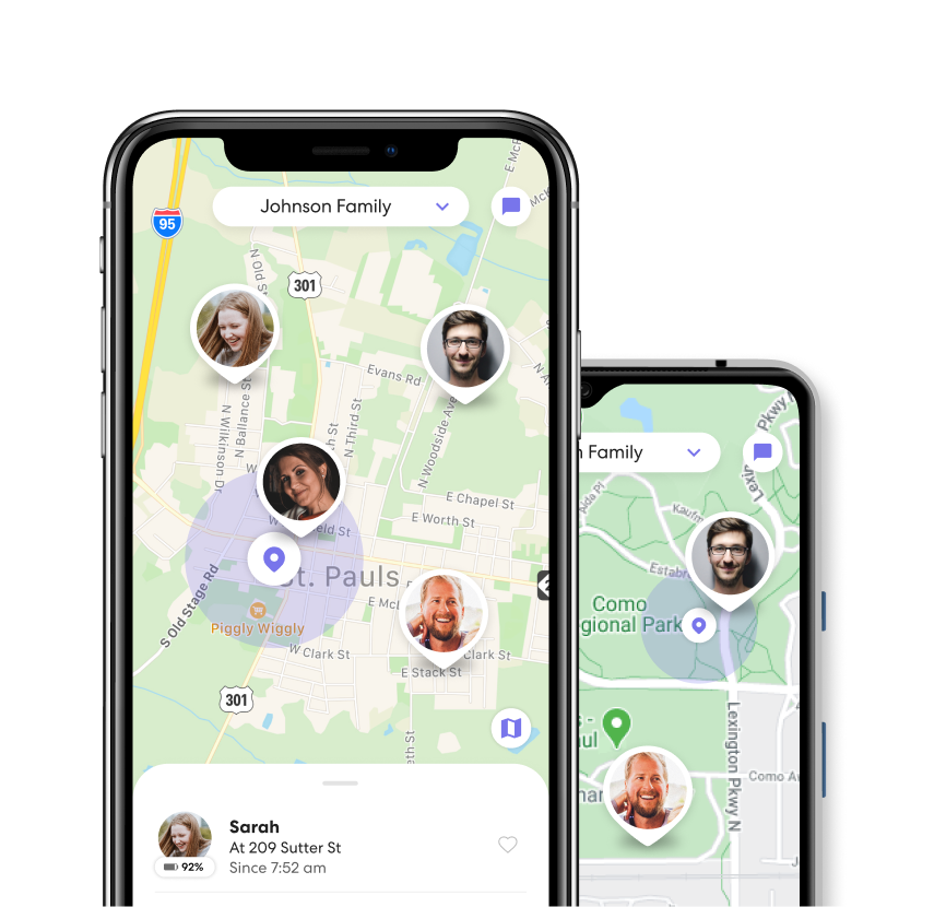 Life360 map view, layered over another smartphone with the same display