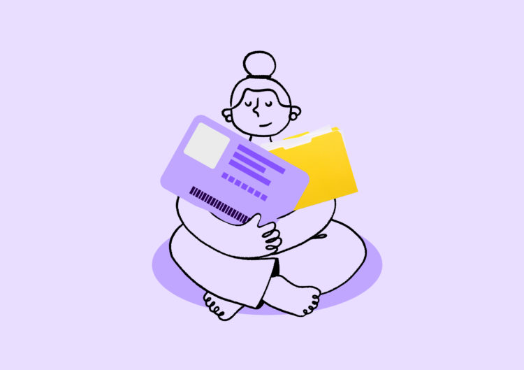 Illustration of woman meditating while holding a giant file and ID card