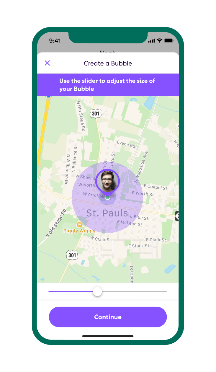 Life360 app on smartphone with the Bubble feature set up