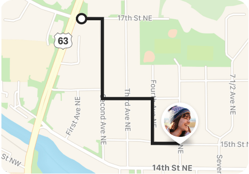 Map showing Life360 Location History with a woman's icon on the map