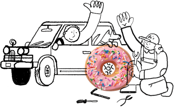 Illustrated people and car with donut tire