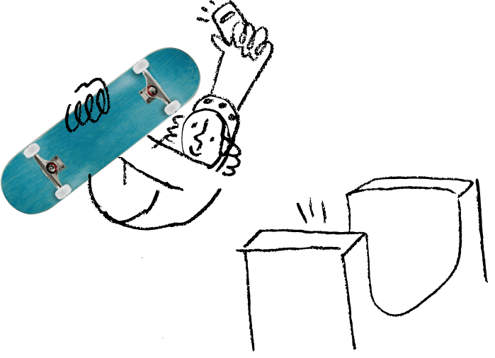 Illustrated person riding a skateboard