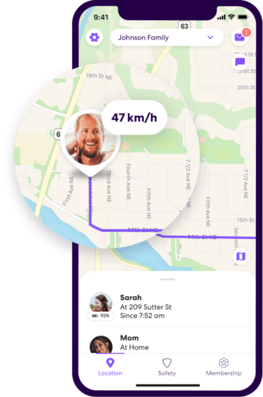 Life360 app open to driving map, zooming in on driving family member