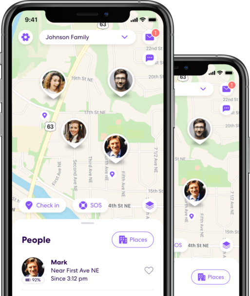 Life360 map view, layered over another smartphone with the same display