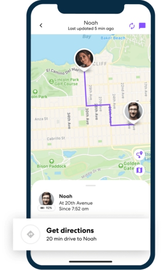 Life360 app open on smartphone, showcasing the "get directions" feature
