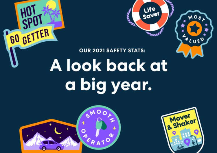 Illustrated badges of a ribbon, a flag, a lifesaver, and patches surrounding "our 2021 safety stats: A look back at a big year."
