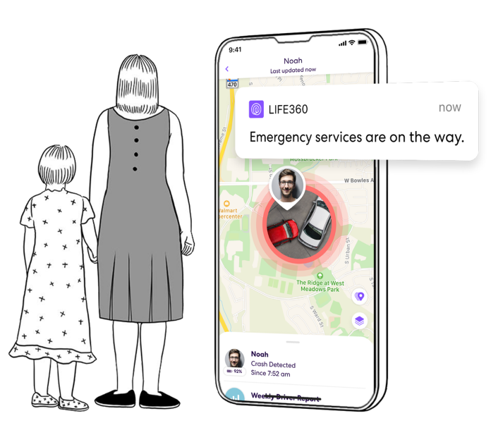 Illustration of mother and daughter holding hands looking at a large smart phone with Life360 crash detection on screen