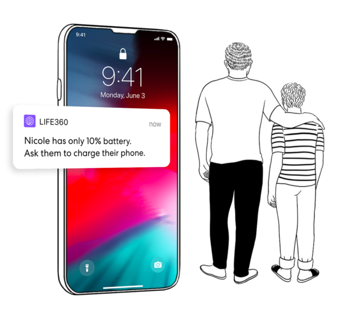 iPhone with a Life360 notification next to an illustration of a father with his arm around his sons shoulders