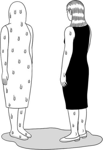 Illustration of a woman in a black dress looking at a melting woman
