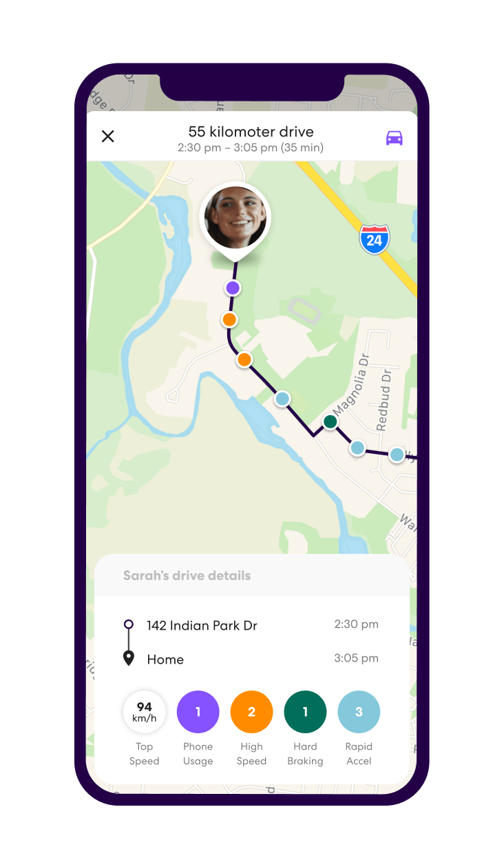Life360 app open to driving map