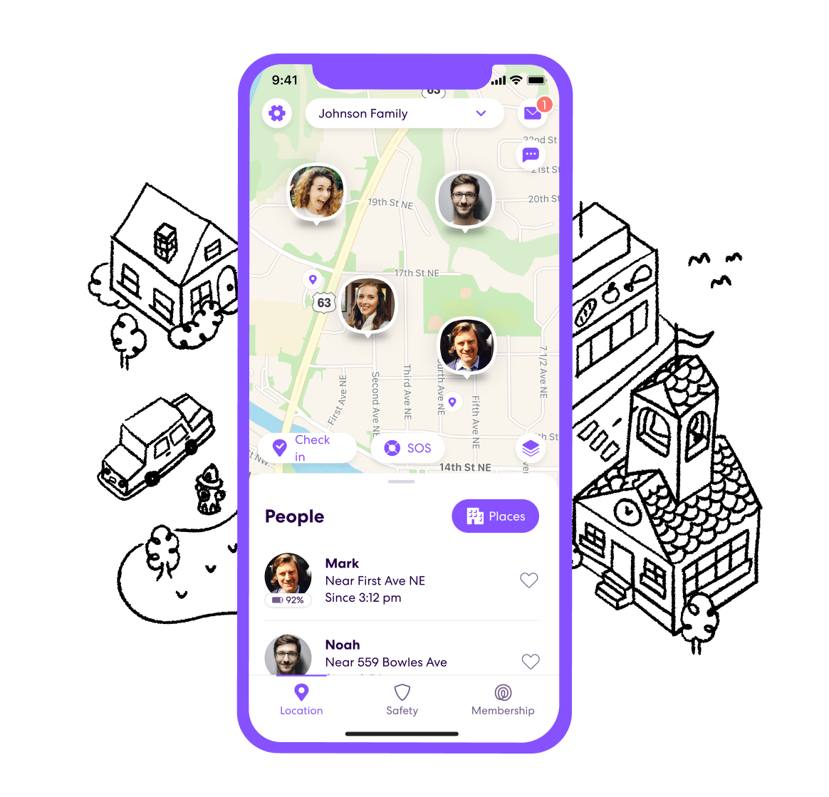 Life360 App showing map in front of illustrated buildings