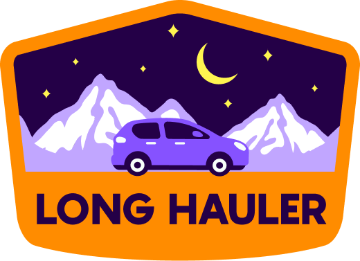 Illustration of car driving at night over the words "long hauler"
