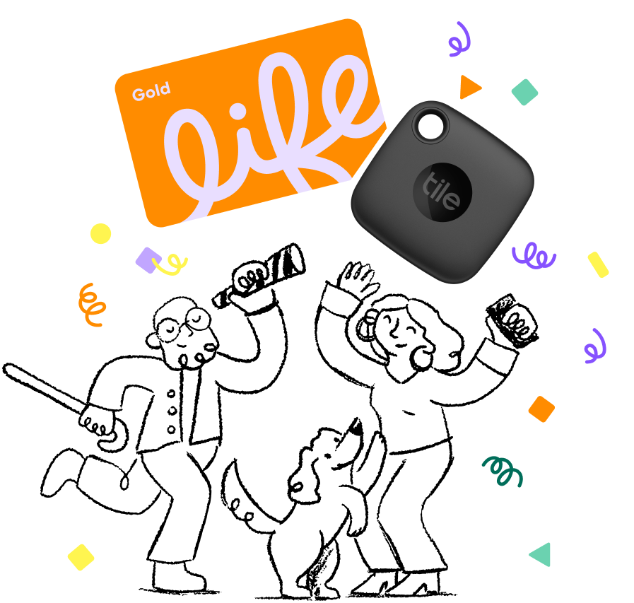 Animated couple with dog celebrating beneath Tile Mate and Life360 Gold membership card