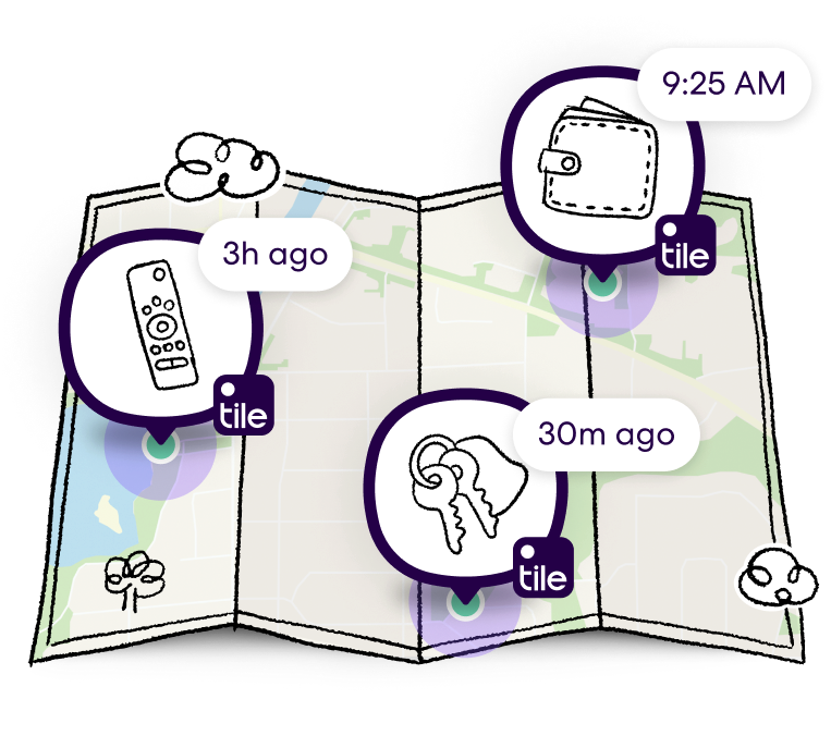 Life360 map with 3 Tile tracker items (remote, wallet, and keys) with timestamps.