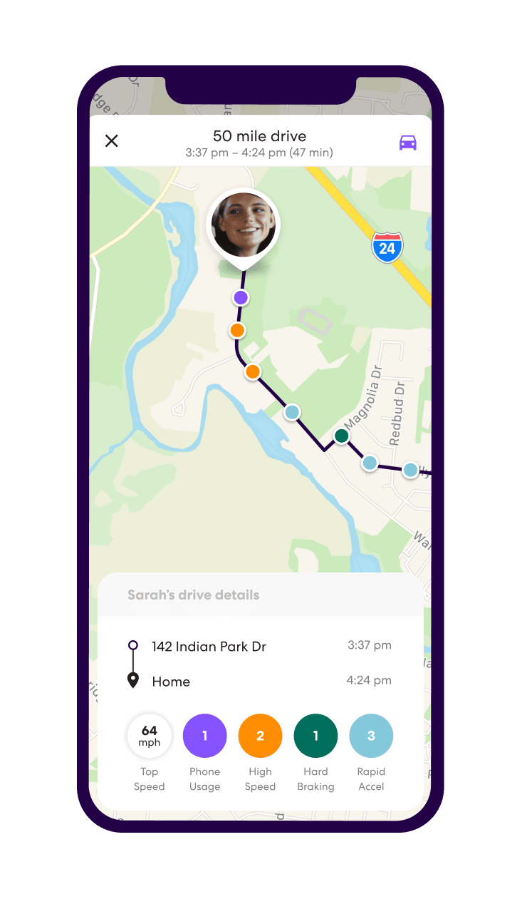 Life360 app showing drive details