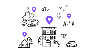 Illustrations of a house, an apartment building, a church, a swing set, and a car with purple location markers over them.