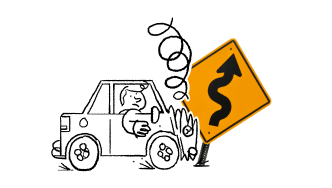 Illustration of a man in a car crashing into a roadsign
