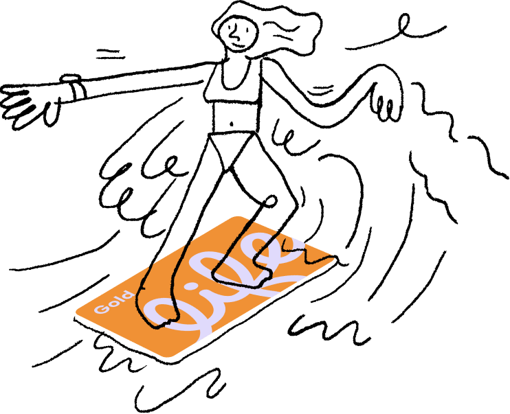 Illustrated person surfing on Life360 Gold Membership card