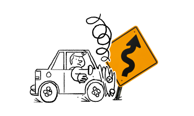 Illustration of a person in a car that crashed into a road sign