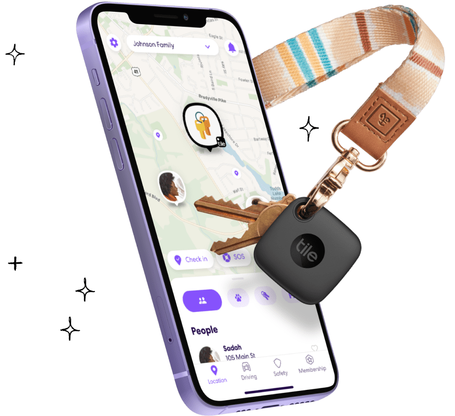 Life360 app on mobile phone and keys with Tile