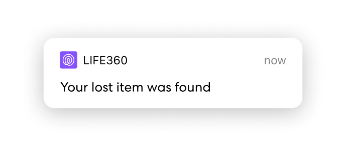 Image of Life360 notification reading "Your lost item was found"