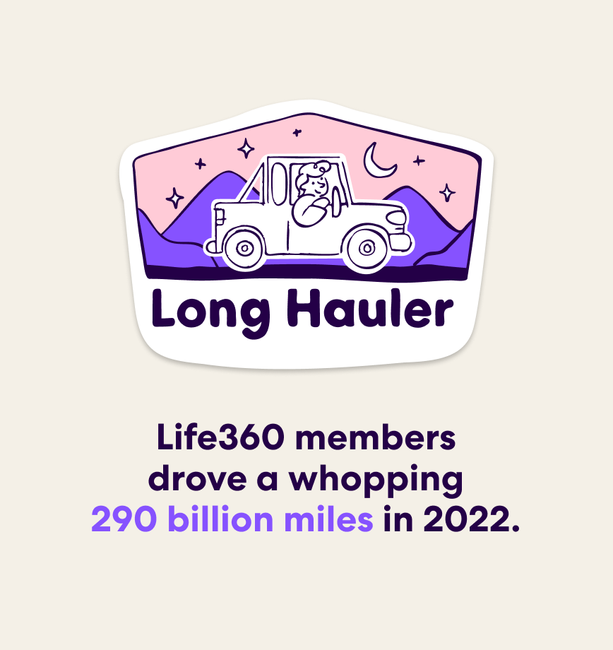 Long Hauler Badge - Life360 members drove a whopping 290 billion miles in 2022