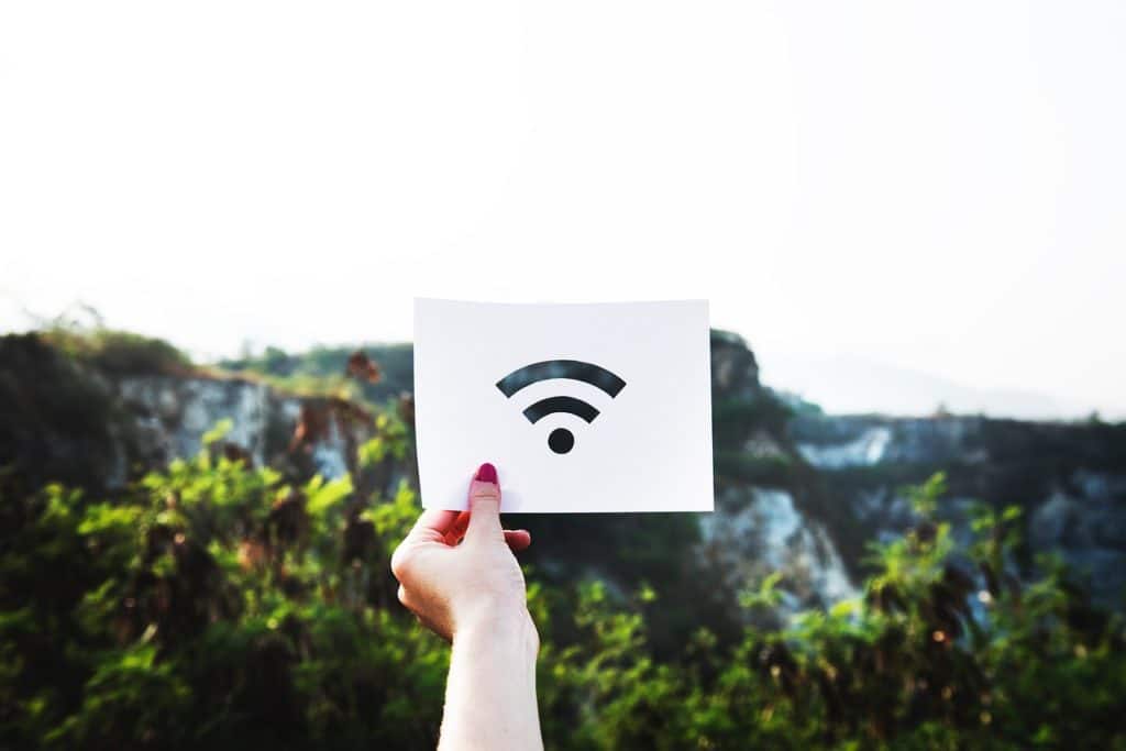 Person holding a piece of paper with the WiFi symbol in the wilderness