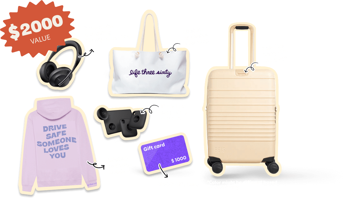 A suitcase, tote bag, gift card, sweatshirt, headphones, and Tile trackers, "$2000 value"