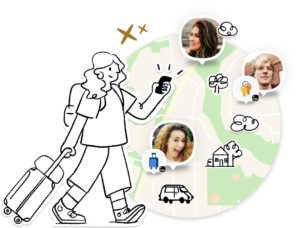 Graphic of Life360 map and girl traveling with Life360.