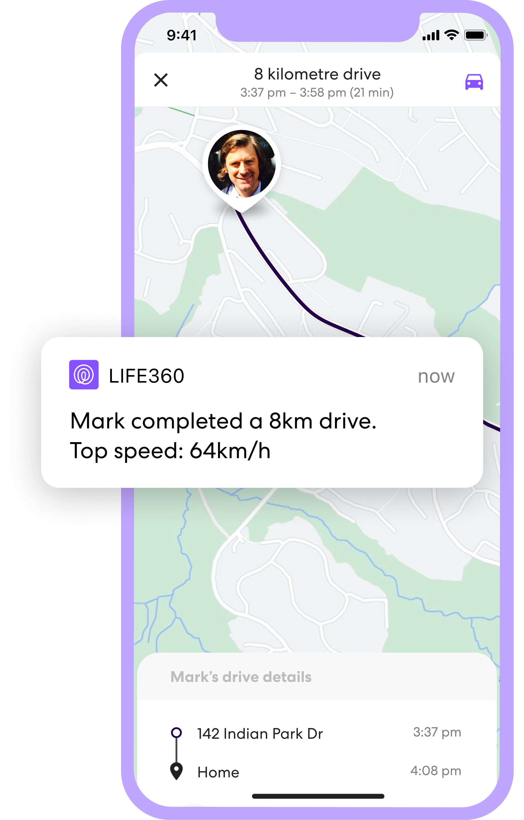 Life360 app screen, showing a map with a push notification