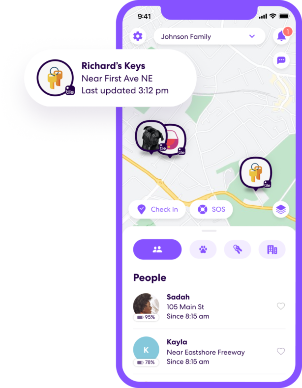 Life360 app showing Tile's last location for a dog, purse and set of keys