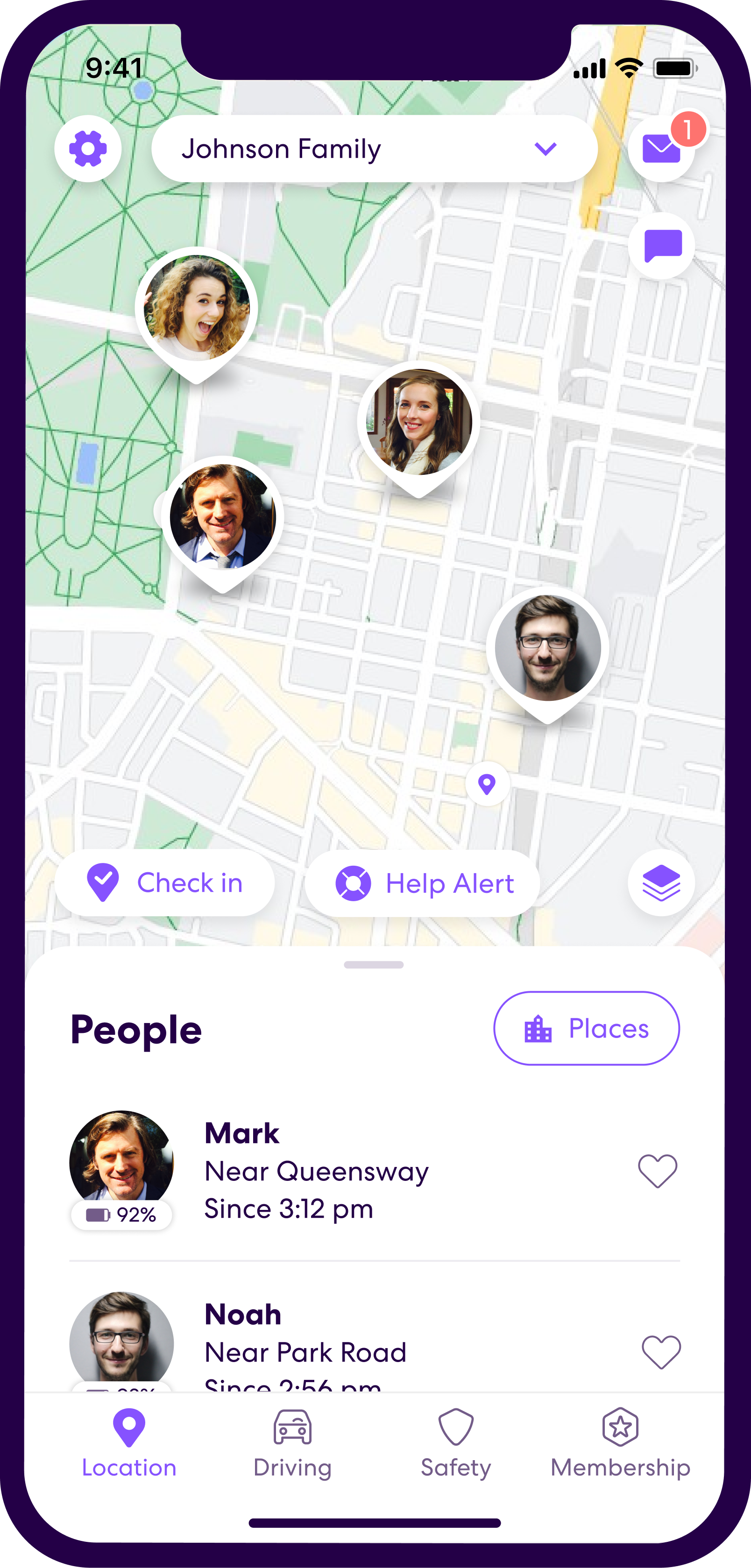 Life360 app screen showing the map view with location pins